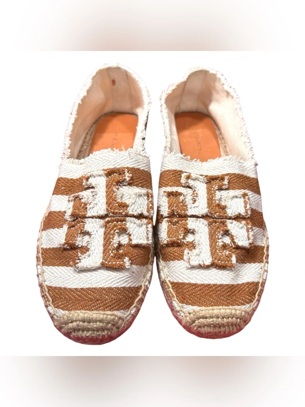 Tory Burch NWOT Fray Stripe Espadrille Flats Tan & White Shoes Womens Size US 8